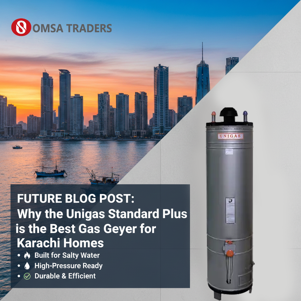 Unigas Standard Plus gas geyser installed on a wall in a Karachi home